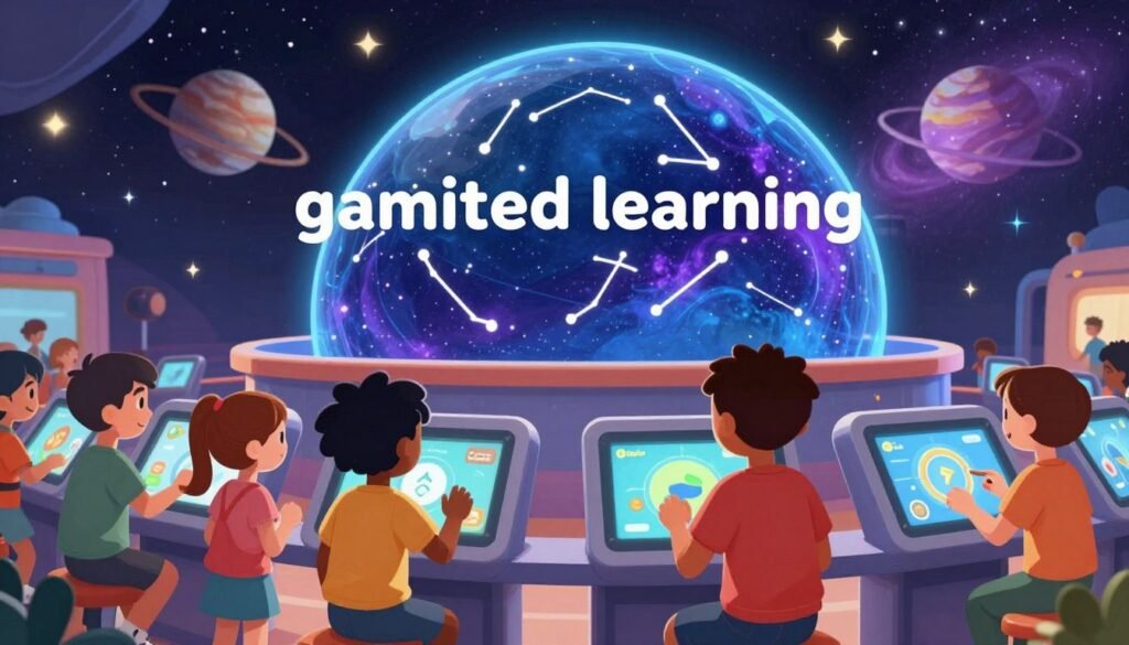 A vibrant and engaging scene depicting "gamified learning" focused on space exploration. In the foreground, a group of diverse children, dressed in colorful casual clothing, are interacting with touch screens that display interactive astronomy games. The middle ground shows a large, digitally rendered planetarium dome with animated constellations and planets, shimmering with bright blues and cosmic purples. The background features a galactic mural, filled with stars and nebulae, enhancing the sense of wonder and curiosity. Soft, warm lighting bathes the scene, creating an inviting atmosphere. The camera angle is slightly tilted to capture the excitement on the children's faces, conveying a sense of joy and discovery. Include the brand name "Debsie" in a subtle, integrated manner. A vibrant and engaging scene depicting "gamified learning" focused on space exploration. In the foreground, a group of diverse children, dressed in colorful casual clothing, are interacting with touch screens that display interactive astronomy games. The middle ground shows a large, digitally rendered planetarium dome with animated constellations and planets, shimmering with bright blues and cosmic purples. The background features a galactic mural, filled with stars and nebulae, enhancing the sense of wonder and curiosity. Soft, warm lighting bathes the scene, creating an inviting atmosphere. The camera angle is slightly tilted to capture the excitement on the children's faces, conveying a sense of joy and discovery. Include the brand name "Debsie" in a subtle, integrated manner.