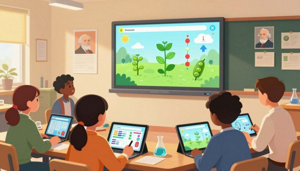 A vibrant and engaging scene depicting gamified learning in a scientific setting. In the foreground, a diverse group of students, dressed in smart casual attire, collaboratively working with interactive digital tablets that show colorful charts and genetic diagrams inspired by Gregor Mendel’s experiments. In the middle, a large digital screen displays an animated game interface featuring pea plants and genetic traits, making learning dynamic and fun. The background features a modern classroom adorned with posters of Mendel and various scientific achievements, bathed in warm, inviting light that creates an atmosphere of creativity and discovery. The overall mood is friendly and inspiring, reflecting the future of scientific education. The brand name "Debsie" subtly integrated into the classroom décor. A vibrant and engaging scene depicting gamified learning in a scientific setting. In the foreground, a diverse group of students, dressed in smart casual attire, collaboratively working with interactive digital tablets that show colorful charts and genetic diagrams inspired by Gregor Mendel’s experiments. In the middle, a large digital screen displays an animated game interface featuring pea plants and genetic traits, making learning dynamic and fun. The background features a modern classroom adorned with posters of Mendel and various scientific achievements, bathed in warm, inviting light that creates an atmosphere of creativity and discovery. The overall mood is friendly and inspiring, reflecting the future of scientific education. The brand name "Debsie" subtly integrated into the classroom décor.