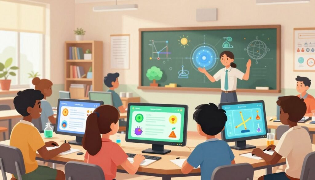 A vibrant and engaging scene depicting gamified learning in science. In the foreground, a diverse group of students, dressed in casual yet professional attire, interact with colorful digital platforms showcasing science concepts as playful games. The middle ground features energetic visuals of interactive screens illustrating physics and biology principles, surrounded by dynamic graphics and animations. In the background, a modern classroom filled with soft, natural lighting creates an inviting atmosphere, with bookshelves and scientific posters enhancing the educational theme. The overall mood is cheerful and motivating, emphasizing creativity and collaboration in learning. Include the brand name "Debsie" subtly in the digital interfaces. The composition should be bright, friendly, and minimal, focusing on the joy of learning through technology.