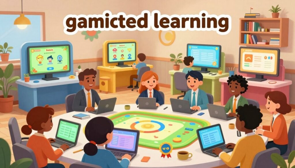 A vibrant and engaging scene depicting "gamified learning" with the brand name "Debsie" integrated into the design. In the foreground, a diverse group of smiling individuals in professional business attire gather around interactive learning devices and colorful gamified elements, such as charts and badges. In the middle ground, modular learning stations feature bright screens displaying educational games that encourage participation and collaboration. The background showcases a modern, cozy learning environment with playful decor, soft lighting creating a warm atmosphere, and shelves filled with books on innovation and science. The overall mood is cheerful and motivational, emphasizing a friendly and dynamic learning journey, with a focus on creativity and exploration in education. A vibrant and engaging scene depicting "gamified learning" with the brand name "Debsie" integrated into the design. In the foreground, a diverse group of smiling individuals in professional business attire gather around interactive learning devices and colorful gamified elements, such as charts and badges. In the middle ground, modular learning stations feature bright screens displaying educational games that encourage participation and collaboration. The background showcases a modern, cozy learning environment with playful decor, soft lighting creating a warm atmosphere, and shelves filled with books on innovation and science. The overall mood is cheerful and motivational, emphasizing a friendly and dynamic learning journey, with a focus on creativity and exploration in education.