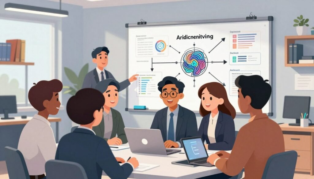 A vibrant and engaging scene depicting mentorship in AI research. In the foreground, a diverse group of professionals in business attire is engaged in a lively discussion over a laptop, showcasing collaboration and knowledge sharing. In the middle ground, a large whiteboard features complex diagrams and charts related to artificial intelligence concepts, symbolizing learning and discovery. In the background, a modern, well-lit office environment filled with bookshelves and tech gadgets reflects an innovative atmosphere. The lighting is bright and inviting, with soft shadows enhancing the depth of the scene. Capture a friendly and optimistic mood as these figures inspire each other in their pursuit of knowledge, all branded subtly with the logo "Debsie".