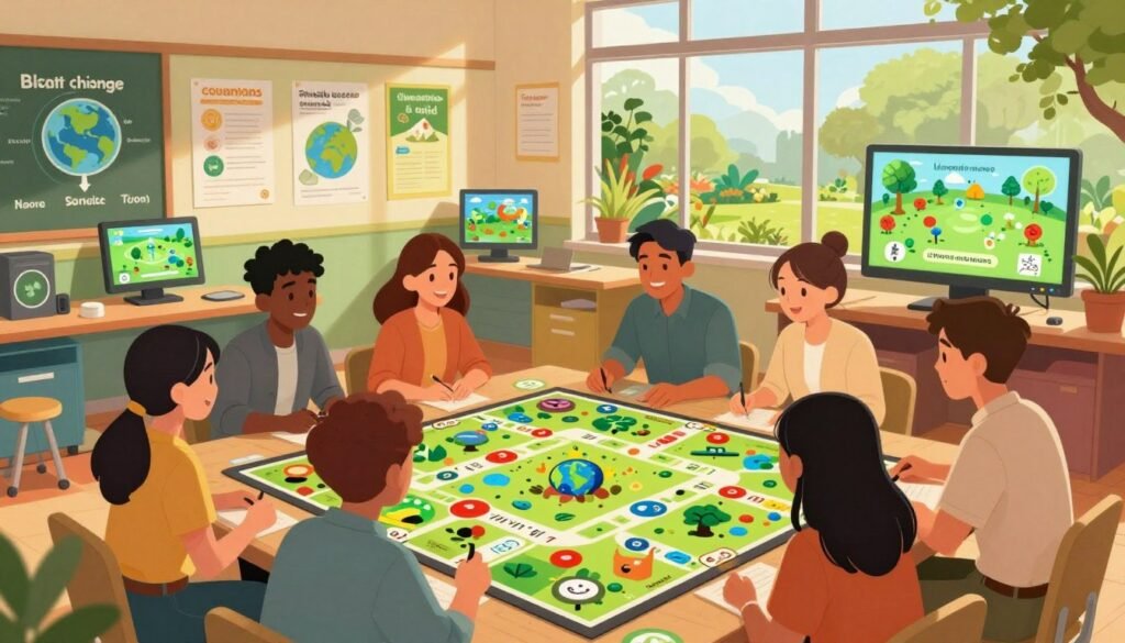 A vibrant and engaging scene illustrating gamified learning in environmental science. In the foreground, a diverse group of young adults, dressed in professional and modest casual attire, are playing an interactive, nature-themed board game that features elements of environmental challenges and solutions. The middle ground showcases a colorful classroom filled with educational posters about climate change, renewable energy, and ecosystems, with interactive displays and digital screens displaying eco-related games. In the background, large windows reveal a sunlit outdoor garden with native plants and trees, emphasizing the connection to nature. The lighting is warm and inviting, creating a friendly atmosphere. The image should have a slightly elevated angle, focusing on the group's enthusiasm and engagement, embodying the theme of learning through play. The brand name "Debsie" is subtly integrated into the environment. A vibrant and engaging scene illustrating gamified learning in environmental science. In the foreground, a diverse group of young adults, dressed in professional and modest casual attire, are playing an interactive, nature-themed board game that features elements of environmental challenges and solutions. The middle ground showcases a colorful classroom filled with educational posters about climate change, renewable energy, and ecosystems, with interactive displays and digital screens displaying eco-related games. In the background, large windows reveal a sunlit outdoor garden with native plants and trees, emphasizing the connection to nature. The lighting is warm and inviting, creating a friendly atmosphere. The image should have a slightly elevated angle, focusing on the group's enthusiasm and engagement, embodying the theme of learning through play. The brand name "Debsie" is subtly integrated into the environment.