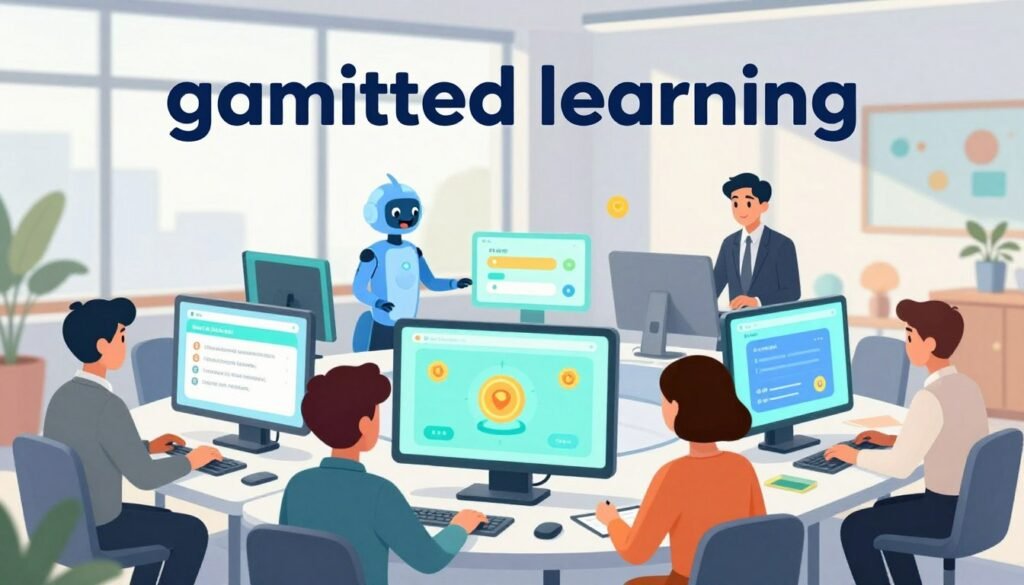 A vibrant and engaging scene illustrating "gamified learning" through Debsie's innovative online courses. In the foreground, diverse learners are actively participating in a digital classroom environment, showcasing their engagement with colorful holographic displays and interactive learning modules. They are dressed in professional business attire, reflecting a sense of professionalism. In the middle ground, sleek devices and friendly AI avatars assist in delivering gamified content, with elements like quizzes and achievements illustrated visually. The background features a bright, modern office space with large windows letting in natural light, creating an uplifting atmosphere. The overall mood is energetic and inspiring, encouraging knowledge enhancement through collaboration and technology. The design should be colorful and minimalistic, emphasizing clarity and accessibility in learning. A vibrant and engaging scene illustrating "gamified learning" through Debsie's innovative online courses. In the foreground, diverse learners are actively participating in a digital classroom environment, showcasing their engagement with colorful holographic displays and interactive learning modules. They are dressed in professional business attire, reflecting a sense of professionalism. In the middle ground, sleek devices and friendly AI avatars assist in delivering gamified content, with elements like quizzes and achievements illustrated visually. The background features a bright, modern office space with large windows letting in natural light, creating an uplifting atmosphere. The overall mood is energetic and inspiring, encouraging knowledge enhancement through collaboration and technology. The design should be colorful and minimalistic, emphasizing clarity and accessibility in learning.