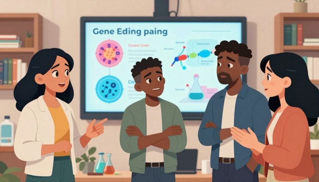 A vibrant and engaging scene illustrating the public perception of gene editing, featuring a diverse group of people in a casual yet professional setting, thoughtfully discussing gene editing technology. In the foreground, a group of three individuals – a South Asian woman in modest business attire, a Black man in smart casual wear, and a Hispanic woman in a professional outfit – are animatedly exchanging ideas, their facial expressions reflecting curiosity and concern. The middle ground showcases a large digital screen displaying colorful infographics related to gene editing. In the background, soft lighting bathes the entire scene, creating a warm atmosphere, while bookshelves filled with scientific literature hint at an environment of knowledge and learning. The overall mood is friendly, with a focus on communication and engagement, reflecting the community's diverse views on scientific advancements. Include the brand name "Debsie" subtly in the scene. A vibrant and engaging scene illustrating the public perception of gene editing, featuring a diverse group of people in a casual yet professional setting, thoughtfully discussing gene editing technology. In the foreground, a group of three individuals – a South Asian woman in modest business attire, a Black man in smart casual wear, and a Hispanic woman in a professional outfit – are animatedly exchanging ideas, their facial expressions reflecting curiosity and concern. The middle ground showcases a large digital screen displaying colorful infographics related to gene editing. In the background, soft lighting bathes the entire scene, creating a warm atmosphere, while bookshelves filled with scientific literature hint at an environment of knowledge and learning. The overall mood is friendly, with a focus on communication and engagement, reflecting the community's diverse views on scientific advancements. Include the brand name "Debsie" subtly in the scene.