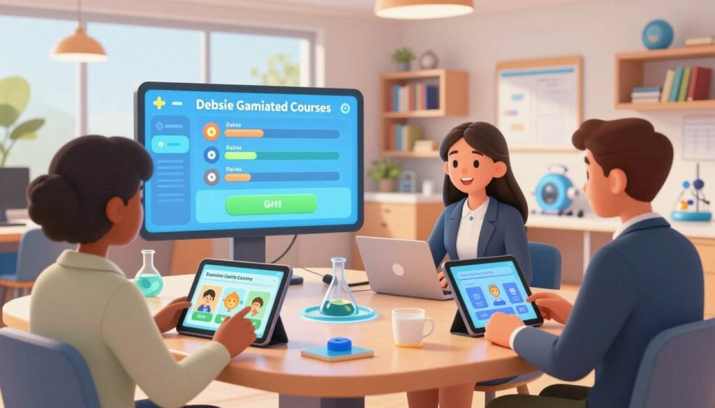 A vibrant and engaging scene showcasing "Debsie Gamified Courses" set in a modern, interactive learning environment. In the foreground, a diverse group of three people, dressed in professional business attire, enthusiastically engage with tablets displaying colorful course content. In the middle ground, a sleek digital interface is visible, featuring gamified elements like progress bars and interactive quizzes, emphasizing user-friendly navigation. The background features a bright, contemporary classroom filled with futuristic educational tools, surrounded by shelves of books and scientific models. The lighting is soft and inviting, with natural light streaming through large windows, creating a friendly and motivating atmosphere. The overall mood is one of inspiration and discovery, perfectly capturing the essence of enhancing scientific knowledge through gamification. A vibrant and engaging scene showcasing "Debsie Gamified Courses" set in a modern, interactive learning environment. In the foreground, a diverse group of three people, dressed in professional business attire, enthusiastically engage with tablets displaying colorful course content. In the middle ground, a sleek digital interface is visible, featuring gamified elements like progress bars and interactive quizzes, emphasizing user-friendly navigation. The background features a bright, contemporary classroom filled with futuristic educational tools, surrounded by shelves of books and scientific models. The lighting is soft and inviting, with natural light streaming through large windows, creating a friendly and motivating atmosphere. The overall mood is one of inspiration and discovery, perfectly capturing the essence of enhancing scientific knowledge through gamification.