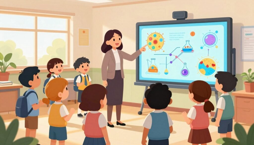 A vibrant and engaging scene showcasing interactive science learning. In the foreground, a diverse group of children, dressed in professional business attire, enthusiastically interact with a large, colorful touchscreen display filled with scientific diagrams and animations. In the middle, a friendly teacher guides them, pointing out key concepts. The background features a bright, modern classroom decorated with educational posters, plants, and windows allowing warm sunlight to illuminate the space. The atmosphere is lively and inspiring, encouraging curiosity and collaboration. The image should be colorful and minimal, reflecting a sense of wonder about science. Capture the essence of gamified learning enhancing scientific literacy, with a clear focus on engagement and exploration. Include the logo "Debsie" subtly integrated into the classroom setting.
