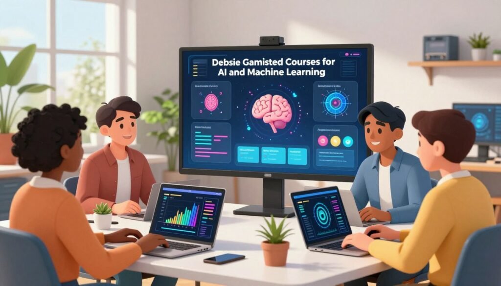 A vibrant and engaging workspace showcasing "Debsie Gamified Courses for AI and Machine Learning." In the foreground, a diverse group of three professionals, a Black woman, an Asian man, and a Hispanic woman, are collaborating around a sleek, modern table with laptops open, displaying colorful graphs and AI interfaces. The middle layer features an interactive digital whiteboard filled with gamified learning modules and brain-stimulating visuals related to AI. The background consists of a bright, open office filled with plants and tech gadgets, with sunlight streaming through large windows, creating a warm and inviting atmosphere. The mood is dynamic and innovative, capturing the essence of upskilling in the age of AI. The composition should be clear-focused, with a slight depth of field, emphasizing the individuals and the learning content while keeping everything colorful and friendly. A vibrant and engaging workspace showcasing "Debsie Gamified Courses for AI and Machine Learning." In the foreground, a diverse group of three professionals, a Black woman, an Asian man, and a Hispanic woman, are collaborating around a sleek, modern table with laptops open, displaying colorful graphs and AI interfaces. The middle layer features an interactive digital whiteboard filled with gamified learning modules and brain-stimulating visuals related to AI. The background consists of a bright, open office filled with plants and tech gadgets, with sunlight streaming through large windows, creating a warm and inviting atmosphere. The mood is dynamic and innovative, capturing the essence of upskilling in the age of AI. The composition should be clear-focused, with a slight depth of field, emphasizing the individuals and the learning content while keeping everything colorful and friendly.