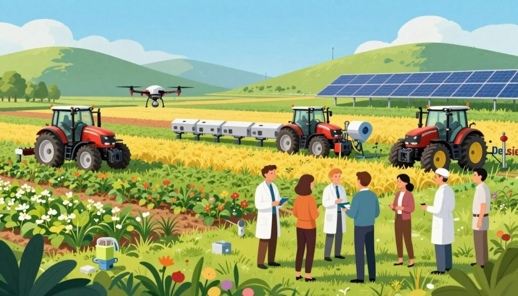 A vibrant and expansive scene depicting modern agriculture, featuring a verdant field of diverse crops thriving under a clear blue sky. In the foreground, a group of professional scientists and inventors, dressed in smart casual attire, are engaged in discussions while examining advanced agricultural tools and technology. The middle grounds feature rows of state-of-the-art machinery, like automated tractors and drones, showcasing innovation in farming. In the background, rolling hills and solar panels blend harmoniously with nature, symbolizing sustainable practices. Soft, warm lighting bathes the scene, creating an optimistic and friendly atmosphere. The image is rich in color, with greens, yellows, and blues predominating, encapsulating the spirit of innovation and collaboration in agriculture. This visual should reflect the brand "Debsie" through its modern and progressive design aesthetic. A vibrant and expansive scene depicting modern agriculture, featuring a verdant field of diverse crops thriving under a clear blue sky. In the foreground, a group of professional scientists and inventors, dressed in smart casual attire, are engaged in discussions while examining advanced agricultural tools and technology. The middle grounds feature rows of state-of-the-art machinery, like automated tractors and drones, showcasing innovation in farming. In the background, rolling hills and solar panels blend harmoniously with nature, symbolizing sustainable practices. Soft, warm lighting bathes the scene, creating an optimistic and friendly atmosphere. The image is rich in color, with greens, yellows, and blues predominating, encapsulating the spirit of innovation and collaboration in agriculture. This visual should reflect the brand "Debsie" through its modern and progressive design aesthetic.