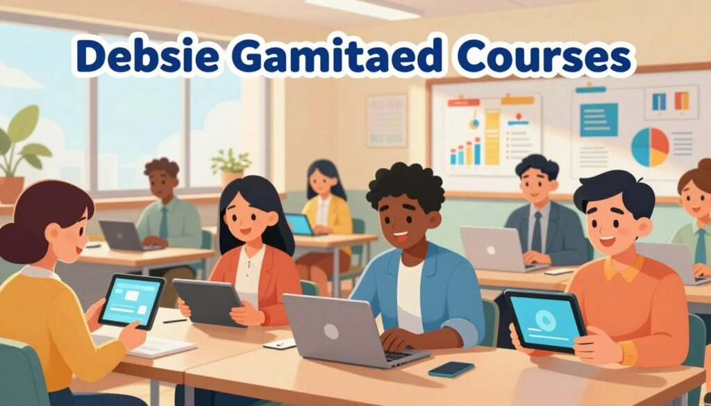 A vibrant and friendly scene depicting "Debsie Gamified Courses". In the foreground, a diverse group of adults and young adults, dressed in professional business attire, engaging with interactive digital devices like tablets and laptops. They are focused and smiling, showcasing enthusiasm for learning. In the middle ground, a modern classroom filled with colorful charts and educational visuals, radiating an atmosphere of collaboration and curiosity. The background features large windows with sunlight streaming in, illuminating the space and enhancing a sense of warmth and energy. The overall mood is encouraging and motivational, inviting viewers to embrace scientific literacy through gamified learning with Debsie. The composition should have a bright and cheerful color palette, emphasizing a friendly and approachable learning environment.