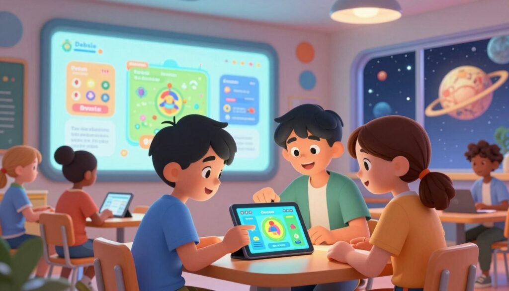 A vibrant and imaginative scene depicting gamified learning, featuring a diverse group of students engaged in interactive education within a futuristic classroom. In the foreground, a boy and a girl, both in smart casual clothing, are joyfully collaborating on a digital tablet displaying a colorful game interface. In the middle, a large interactive wall exhibits engaging infographics and educational games that evoke curiosity and excitement. The background features a window revealing a space-themed backdrop, illustrating celestial bodies, reminiscent of Galileo's work, with soft, ambient lighting enhancing a sense of wonder. The atmosphere is playful yet focused, conveying a balance between fun and learning. The overall composition should reflect a welcoming, innovative environment, embodying the brand "Debsie." A vibrant and imaginative scene depicting gamified learning, featuring a diverse group of students engaged in interactive education within a futuristic classroom. In the foreground, a boy and a girl, both in smart casual clothing, are joyfully collaborating on a digital tablet displaying a colorful game interface. In the middle, a large interactive wall exhibits engaging infographics and educational games that evoke curiosity and excitement. The background features a window revealing a space-themed backdrop, illustrating celestial bodies, reminiscent of Galileo's work, with soft, ambient lighting enhancing a sense of wonder. The atmosphere is playful yet focused, conveying a balance between fun and learning. The overall composition should reflect a welcoming, innovative environment, embodying the brand "Debsie."