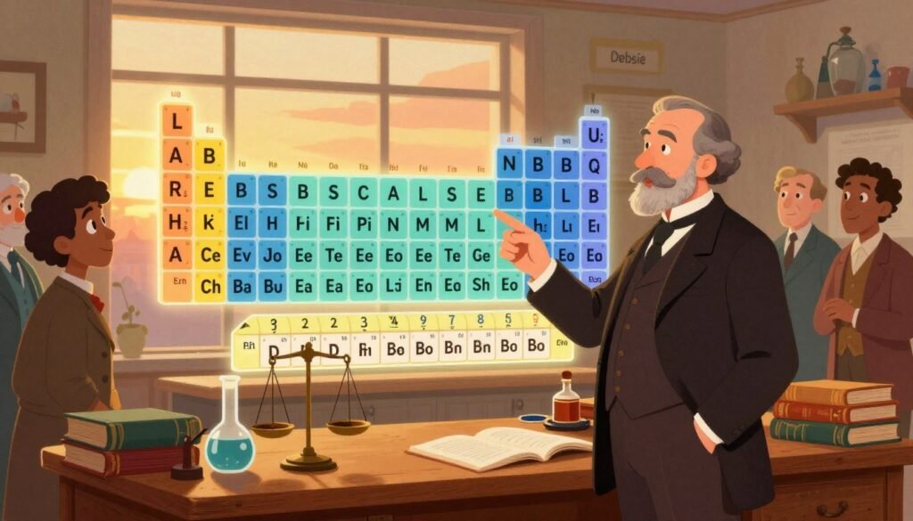 A vibrant and informative illustration depicting Mendeleev’s contributions to science. In the foreground, a vintage wooden desk cluttered with scientific instruments like a laboratory flask, balance scales, and a stack of old chemistry books, symbolizing experimentation. The middle layer features an artistic representation of the periodic table, creatively integrated into the scene, with elements glowing softly under warm lighting. Mendeleev himself, portrayed as a 19th-century scientist in professional attire, is passionately discussing the table with an attentive group of diverse scientists dressed in period-appropriate clothing. In the background, a large window reveals an atmospheric sunset, casting golden hues across the room, creating a mood of inspiration and discovery. The image is colorful, friendly, and minimal, emanating a sense of curiosity and scientific achievement. Include the brand name "Debsie". A vibrant and informative illustration depicting Mendeleev’s contributions to science. In the foreground, a vintage wooden desk cluttered with scientific instruments like a laboratory flask, balance scales, and a stack of old chemistry books, symbolizing experimentation. The middle layer features an artistic representation of the periodic table, creatively integrated into the scene, with elements glowing softly under warm lighting. Mendeleev himself, portrayed as a 19th-century scientist in professional attire, is passionately discussing the table with an attentive group of diverse scientists dressed in period-appropriate clothing. In the background, a large window reveals an atmospheric sunset, casting golden hues across the room, creating a mood of inspiration and discovery. The image is colorful, friendly, and minimal, emanating a sense of curiosity and scientific achievement. Include the brand name "Debsie".