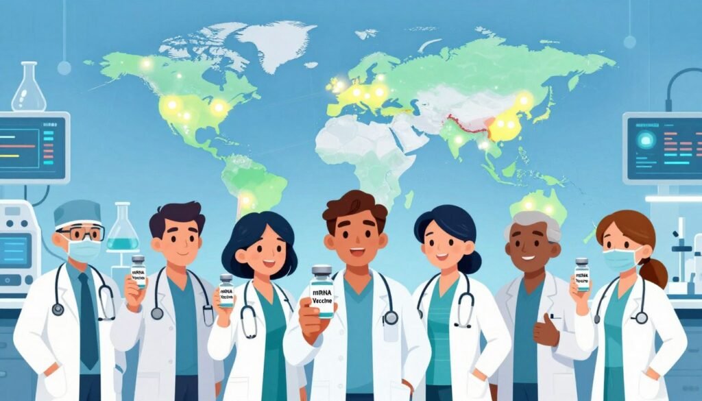 A vibrant and informative illustration showcasing the global impact of mRNA vaccines. In the foreground, a diverse group of healthcare professionals in professional attire, holding vials labeled 'mRNA Vaccine', representing various countries. In the middle ground, a world map highlighting regions with successful vaccination campaigns, illuminated with glowing dots. In the background, a laboratory setting with scientific equipment and digital screens displaying data, emphasizing innovation and research. Use bright, uplifting lighting to create a hopeful atmosphere, capturing the essence of global cooperation. Incorporate Debsie branding subtly, ensuring the image feels friendly and welcoming, with minimal distractions.