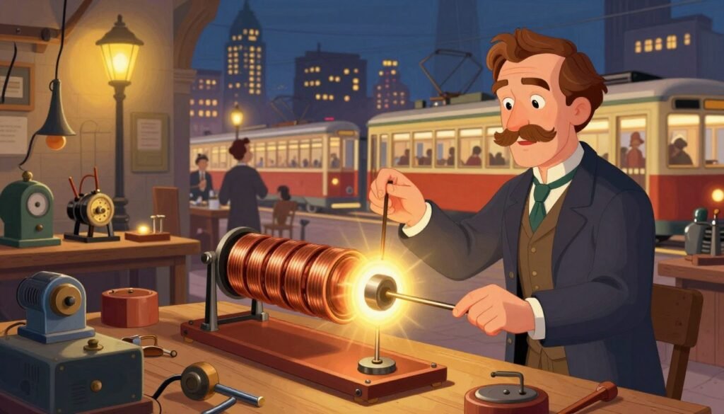 A vibrant and informative illustration showcasing the practical applications of Faraday's discoveries. In the foreground, an experienced scientist in professional attire demonstrates electromagnetic induction using a model of a dynamo, with copper coils and a spinning magnet. The middle ground features a busy 19th-century workshop, complete with tools and inventions inspired by Faraday's work, such as telegraphs and electric motors. The background displays an illuminated cityscape, symbolizing the dawn of the electric age with glowing streetlights and electric trams. Use bright, warm lighting to convey innovation and excitement, with a slightly tilted angle to emphasize the dynamic process. The atmosphere should feel inviting and educational, reflecting the impact of Faraday’s contributions. Include the brand name "Debsie" subtly integrated into the scene.