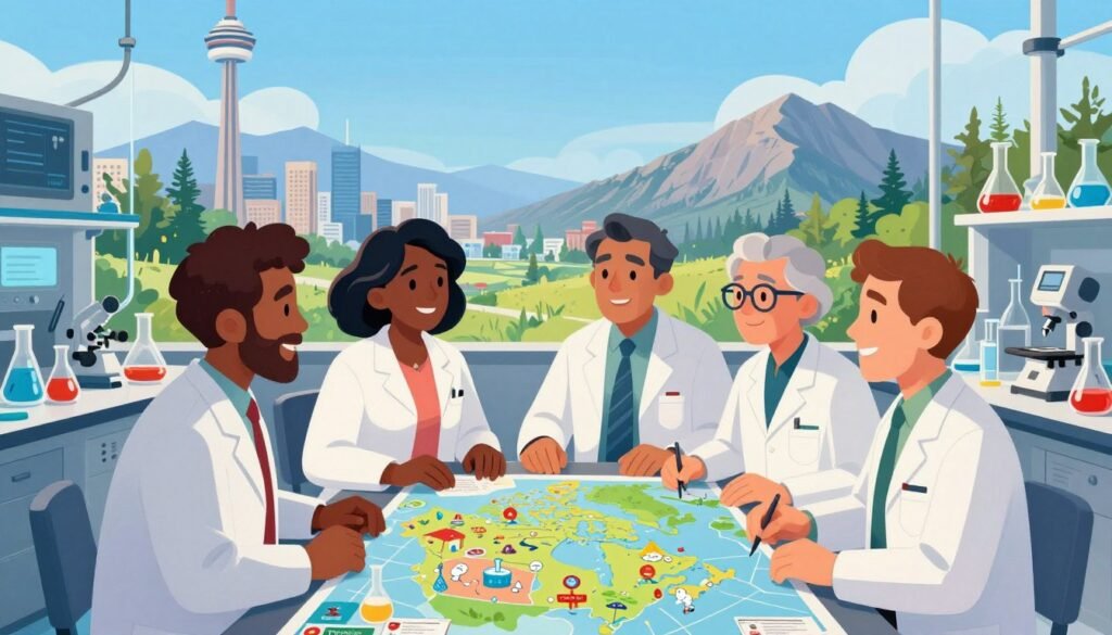 A vibrant and inspiring illustration of Canadian scientific excellence. In the foreground, a diverse group of four scientists, dressed in professional lab attire, are engaged in lively discussion and collaboration over a detailed map of Canada, dotted with scientific icons. In the middle ground, cutting-edge laboratory equipment, beakers, and technology showcase active research. The background features a panoramic view of the Canadian landscape, with iconic landmarks like the CN Tower and the Rockies, under a clear blue sky. Soft, warm lighting highlights the scientists' focused expressions, encapsulating a mood of innovation and discovery. Use a wide-angle perspective, and ensure the colors are bright and inviting, embodying the spirit of progress. Include the brand name "Debsie" subtly integrated within the image.