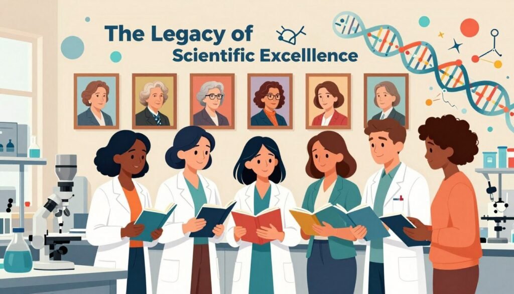 A vibrant and inspiring image depicting "The Legacy of Scientific Excellence." In the foreground, include a diverse group of women scientists, dressed in professional business attire, engaged in collaboration, examining scientific notebooks, and discussing while surrounded by high-tech lab equipment. The middle ground features a wall filled with framed portraits of renowned women scientists like Marie Curie and Rosalind Franklin, symbolizing their contributions to science. In the background, an abstract representation of DNA strands and mathematical equations gracefully intertwines with colorful graphics representing various scientific fields like biology, chemistry, and physics. Soft, natural lighting illuminates the scene, creating a welcoming and motivational atmosphere. Use an uplifting color palette that embodies creativity and intelligence. Captured from a slight low angle to emphasize the importance of these figures in shaping scientific history. Created by Debsie.