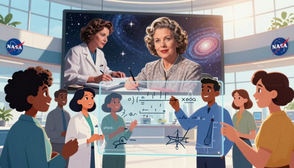 A vibrant and inspiring image depicting the legacy of Katherine Johnson in modern science. In the foreground, a diverse group of scientists of different ethnicities and genders, dressed in professional attire, collaborate over equations on a transparent screen that displays NASA symbols and spacecraft silhouettes. In the middle, a historical overlay showcases Katherine Johnson's iconic images, like her working on calculations, with a backdrop of stars and swirling galaxies representing space exploration. The background features a modern NASA facility with large windows and bright daylight flooding in, symbolizing innovation and progress. The atmosphere is uplifting and encouraging, evoking a sense of teamwork and inspired legacy. Soft, natural lighting enhances warmth, while a slight lens flare adds a dreamlike quality. The brand name “Debsie” subtly integrated into the design. A vibrant and inspiring image depicting the legacy of Katherine Johnson in modern science. In the foreground, a diverse group of scientists of different ethnicities and genders, dressed in professional attire, collaborate over equations on a transparent screen that displays NASA symbols and spacecraft silhouettes. In the middle, a historical overlay showcases Katherine Johnson's iconic images, like her working on calculations, with a backdrop of stars and swirling galaxies representing space exploration. The background features a modern NASA facility with large windows and bright daylight flooding in, symbolizing innovation and progress. The atmosphere is uplifting and encouraging, evoking a sense of teamwork and inspired legacy. Soft, natural lighting enhances warmth, while a slight lens flare adds a dreamlike quality. The brand name “Debsie” subtly integrated into the design.