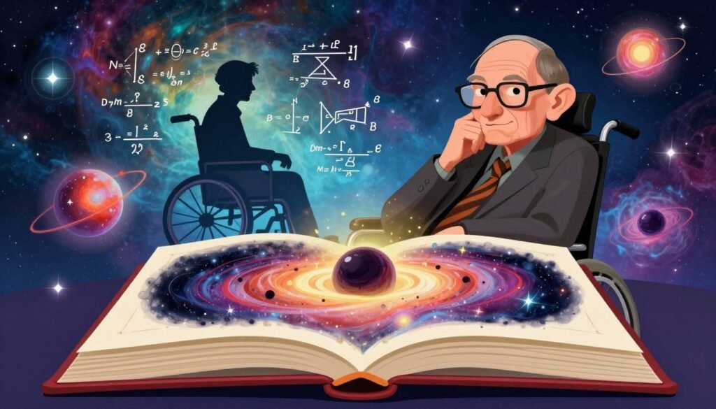 A vibrant and inspiring image illustrating the scientific legacy of Stephen Hawking. In the foreground, depict a stylized, open book with swirling galaxies and black holes emanating from its pages, symbolizing the universe's mysteries he explored. In the middle ground, include a silhouette of Stephen Hawking in a wheelchair, deep in thought, surrounded by equations and diagrams that represent his groundbreaking work on black holes and cosmology. In the background, a starry night sky filled with vivid nebula colors adds depth, conveying a sense of wonder and exploration. Soft, ethereal lighting highlights the scene, creating an uplifting atmosphere. Capture the essence of curiosity and intellect in a colorful, friendly style. Include the brand name "Debsie" subtly integrated into the design, ensuring it remains minimalistic and professional.