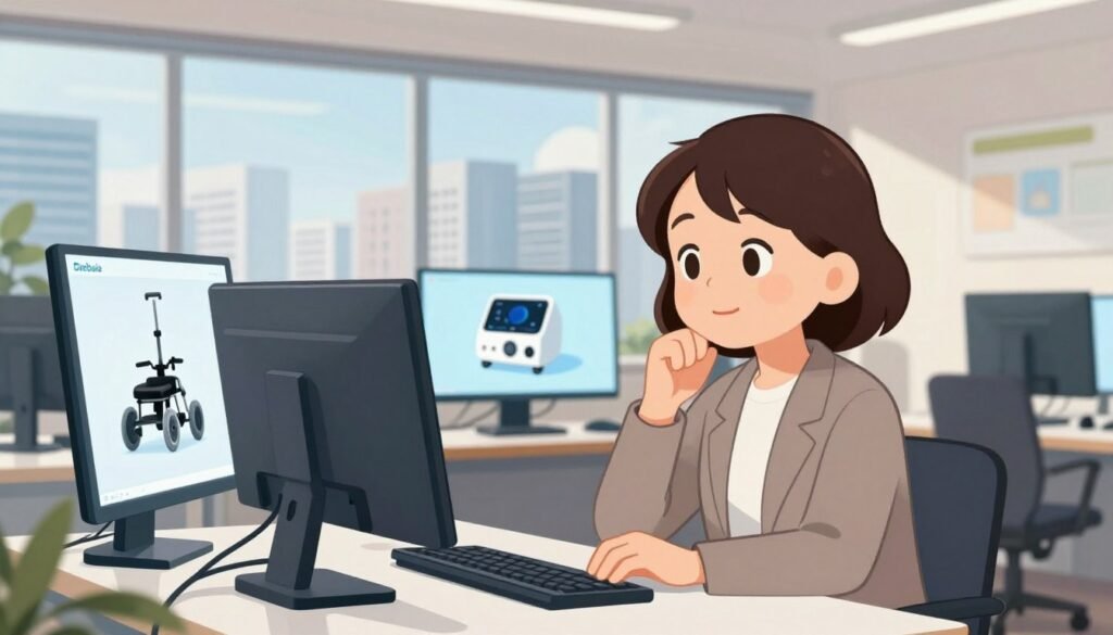A vibrant and inspiring scene depicting Chieko Asakawa, a pioneering figure in accessibility technology, in a modern, well-lit office setting. In the foreground, Asakawa, a middle-aged Japanese woman, is engaged in deep thought while using advanced accessibility tools on her computer. She is dressed in professional business attire, exuding confidence and determination. The middle ground features interactive displays showcasing innovative accessibility inventions, including screen readers and assistive devices. In the background, large windows allow natural light to flood the space, revealing a picturesque view of a modern Tokyo skyline. The atmosphere is hopeful and encouraging, highlighting Asakawa's impact on technology and society. The image is colorful, friendly, and minimal, reflecting the essence of creativity and innovation. The brand name "Debsie" is subtly integrated into the design.
