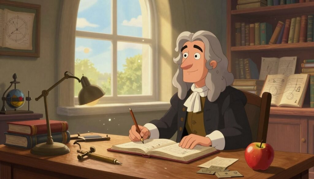 A vibrant and inspiring scene depicting Isaac Newton in a classic study filled with scientific instruments and books. In the foreground, Newton, dressed in modest, professional attire, is seated at a wooden desk with an open book, various mathematical tools, and an apple on the side, symbolizing his laws of motion. The middle ground shows a large window through which sunlight streams, illuminating floating dust particles and casting warm light across the room. In the background, shelves filled with manuscripts and celestial diagrams represent the impact of his discoveries on modern physics. The atmosphere is both scholarly and contemplative, suggesting a legacy of exploration and innovation. The image should have clear, vivid colors, a gentle glow, and a wide-angle lens perspective for depth. Created by Debsie. A vibrant and inspiring scene depicting Isaac Newton in a classic study filled with scientific instruments and books. In the foreground, Newton, dressed in modest, professional attire, is seated at a wooden desk with an open book, various mathematical tools, and an apple on the side, symbolizing his laws of motion. The middle ground shows a large window through which sunlight streams, illuminating floating dust particles and casting warm light across the room. In the background, shelves filled with manuscripts and celestial diagrams represent the impact of his discoveries on modern physics. The atmosphere is both scholarly and contemplative, suggesting a legacy of exploration and innovation. The image should have clear, vivid colors, a gentle glow, and a wide-angle lens perspective for depth. Created by Debsie.