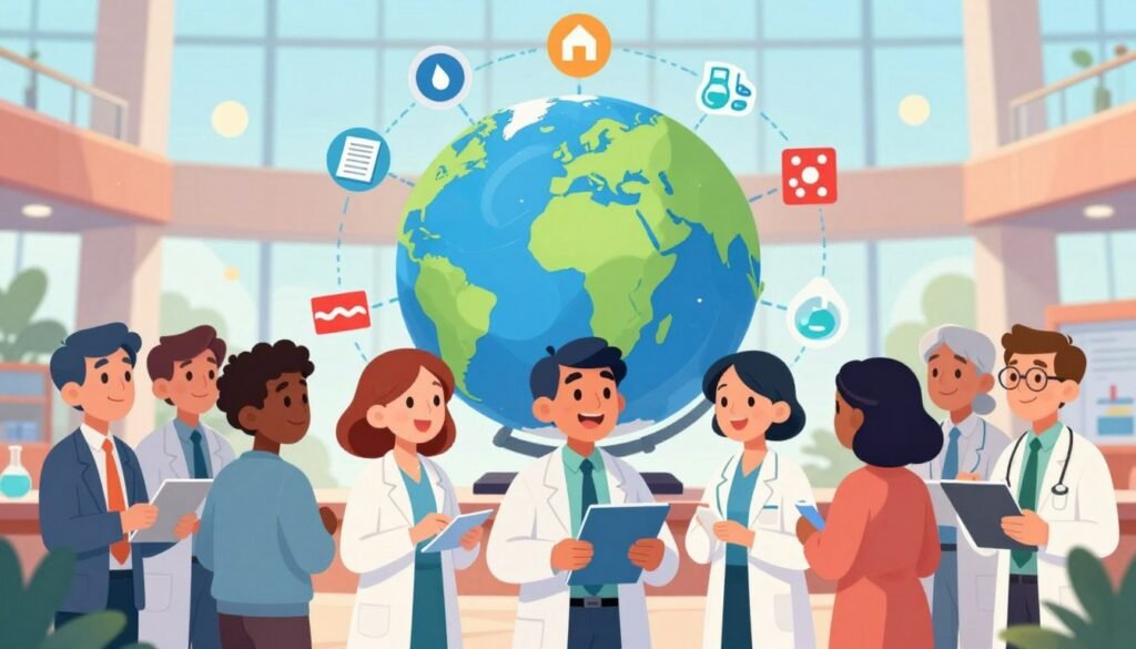 A vibrant and inspiring scene depicting global scientific recognition. In the foreground, a diverse group of scientists in professional attire, including men and women of various ethnicities, enthusiastically discussing research findings. The middle ground features a large globe surrounded by symbols of international collaborations, such as flags, research papers, and scientific tools. In the background, a modern conference hall with large windows, showcasing bright natural light that creates an uplifting atmosphere. The lens focuses softly on the scientists, with a slight bokeh effect on the globe and collaboration symbols to emphasize the theme. The overall mood is one of excitement and progress, reflecting the unifying power of science around the world. The style is colorful and friendly, branded with "Debsie" subtly integrated into the scene.