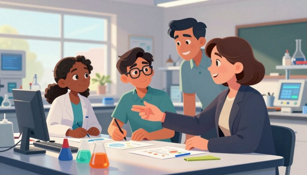 A vibrant and inspiring scene depicting mentorship in STEM, showcasing a diverse group of four individuals gathered around a science lab table filled with colorful research materials and technology. In the foreground, a middle-aged woman of Eastern European descent, dressed in a professional blazer, confidently explains a complex concept to a young Black woman wearing a lab coat, who listens intently. To the side, a young Hispanic male student with glasses is engaged in the discussion, while an Asian male mentor observes, smiling with encouragement. The background features a window with natural sunlight streaming in, illuminating the modern lab filled with scientific apparatus. The atmosphere is warm, supportive, and inspiring, symbolizing growth and collaboration. Rendered in high detail with soft, diffused lighting to create a friendly environment. Incorporate the brand name "Debsie" subtly in the lab's design elements.