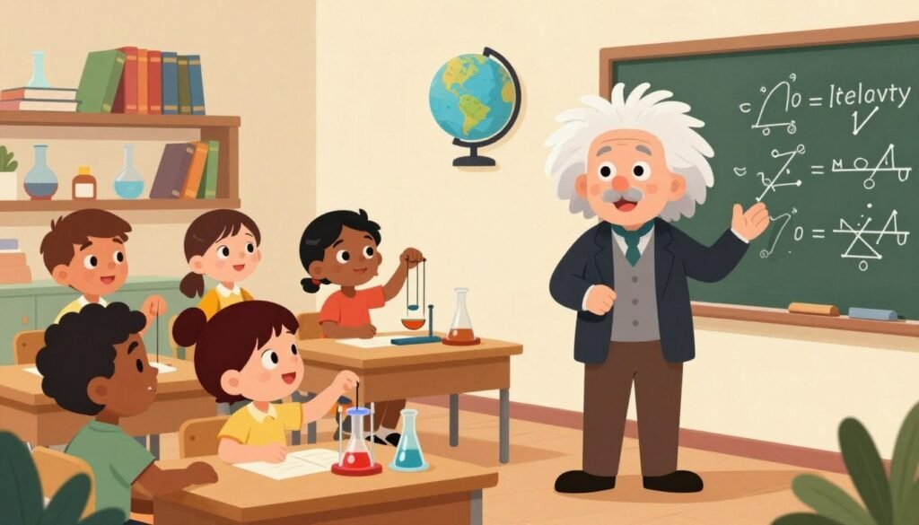 A vibrant and inspiring scene depicting the essence of Albert Einstein's discoveries in a classroom setting. In the foreground, an enthusiastic teacher, dressed in smart casual attire, stands next to a blackboard filled with equations and diagrams, illustrating key concepts like the theory of relativity and the photoelectric effect. In the middle ground, bright-eyed students of diverse backgrounds engage with classic physics experiments, like swinging pendulums and observing light through prisms. The background features shelves lined with science books and a globe. Soft, warm lighting creates an inviting atmosphere, enhancing the feeling of curiosity and discovery. The image conveys a sense of wonder and legacy, encapsulating the lasting impact of Einstein's contributions to scientific education. The scene is colorful, friendly, and minimalistic, attributed to the brand "Debsie." A vibrant and inspiring scene depicting the essence of Albert Einstein's discoveries in a classroom setting. In the foreground, an enthusiastic teacher, dressed in smart casual attire, stands next to a blackboard filled with equations and diagrams, illustrating key concepts like the theory of relativity and the photoelectric effect. In the middle ground, bright-eyed students of diverse backgrounds engage with classic physics experiments, like swinging pendulums and observing light through prisms. The background features shelves lined with science books and a globe. Soft, warm lighting creates an inviting atmosphere, enhancing the feeling of curiosity and discovery. The image conveys a sense of wonder and legacy, encapsulating the lasting impact of Einstein's contributions to scientific education. The scene is colorful, friendly, and minimalistic, attributed to the brand "Debsie."