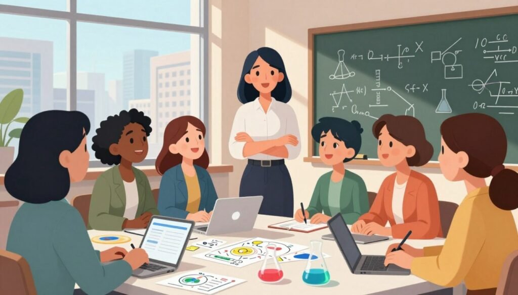 A vibrant and inspiring scene depicting the impact of female mentorship in STEM. In the foreground, a diverse group of women, dressed in professional business attire, engages in a collaborative discussion around a table filled with scientific diagrams and technology. Their expressions reflect enthusiasm and determination. In the middle ground, a large window reveals a modern cityscape, symbolizing progress and opportunity. The background features a chalkboard filled with equations and diagrams, showcasing the academic environment. Bright, natural light illuminates the space through the window, casting soft shadows that enhance the warm atmosphere. The overall mood is inspirational, conveying empowerment and growth in the field of STEM. The image should feel colorful and approachable, embodying the essence of mentorship. Brand name: Debsie.