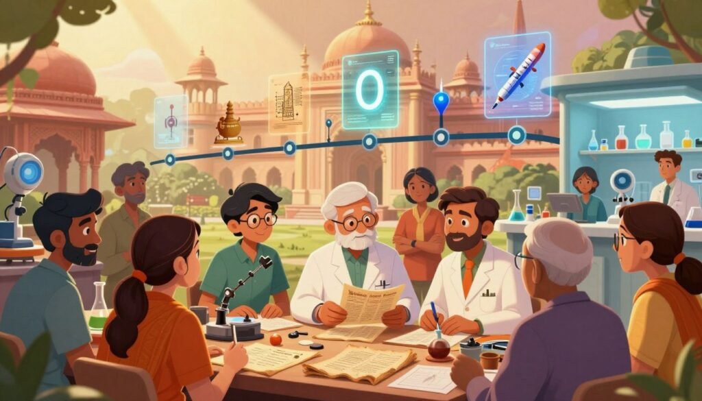 A vibrant and inspiring scene depicting the legacy of scientific inquiry in India. In the foreground, a diverse group of Indian scientists in professional attire, including men and women of various ages, are engaged in discussion over ancient manuscripts and modern scientific instruments. The middle layer features a timeline of significant inventions and discoveries, such as the zero, Ayurveda, and space technology, illustrated as floating holograms. In the background, a beautiful blend of traditional Indian architecture and modern laboratories symbolizes the fusion of heritage and progress. The lighting is warm and inviting, with soft rays filtering through the scene, creating an atmosphere of curiosity and inspiration. The image should reflect a sense of collaboration and innovation, with a colorful and friendly aesthetic. The brand name "Debsie" subtly integrated into the scene without distraction.