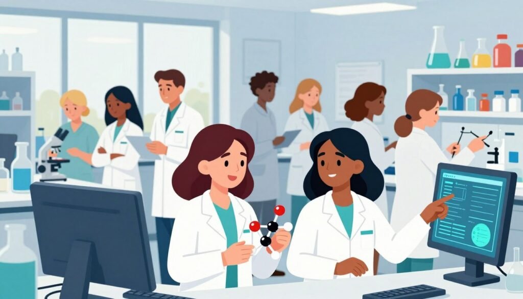 A vibrant and inspiring scene depicting women scientists of various ethnicities and backgrounds collaborating in a modern laboratory. In the foreground, two women are engaged in a discussion over a research project, one of them holding a molecular model, while the other points to a digital display filled with data. The middle layer features diverse scientists in professional attire, examining lab equipment and brainstorming ideas, showcasing teamwork and innovation. The background reveals bright laboratory shelves containing colorful scientific materials, with large windows allowing sunlight to pour in, enhancing the uplifting atmosphere. The overall mood is one of celebration and camaraderie, emphasizing diversity in scientific achievement. The image should be colorful, minimal, and friendly, reflecting the brand identity of "Debsie."