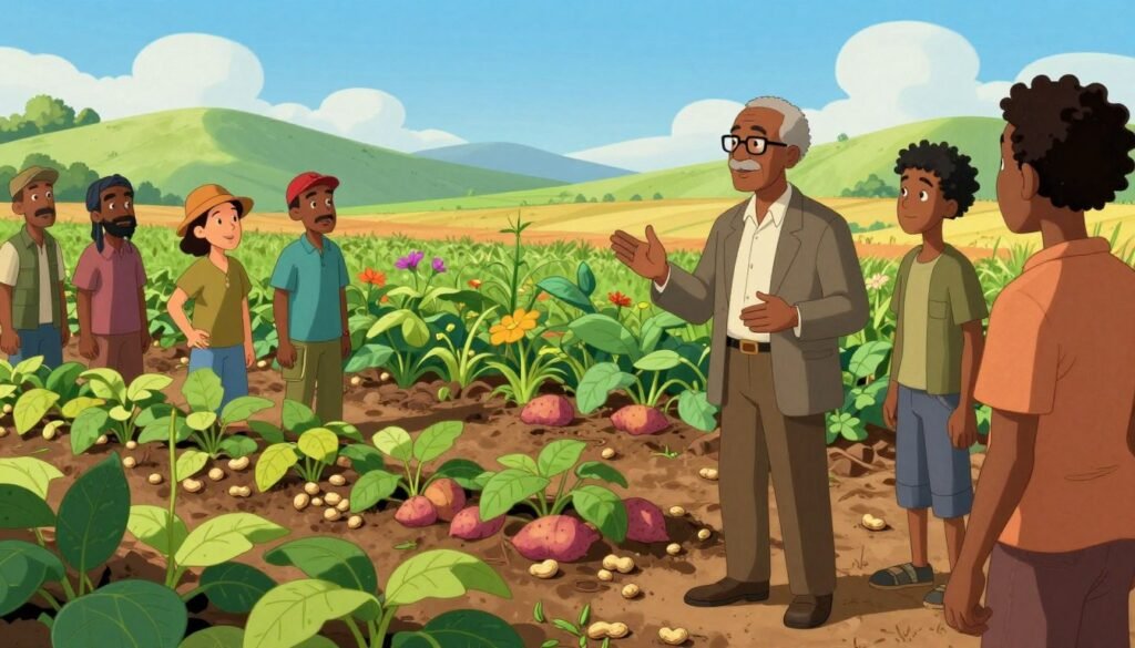 A vibrant and inspiring scene of George Washington Carver in a lush agricultural setting, surrounded by fields of peanuts and sweet potatoes, reflecting his innovations in sustainable farming. In the foreground, Carver, dressed in modest, professional attire, engages with a group of diverse farmers, sharing knowledge and techniques. The middle ground features a variety of crops and plants in full bloom, with rich, earthy colors that celebrate nature's bounty. In the background, gentle rolling hills under a bright blue sky convey a sense of hope and progress. The lighting is warm and inviting, casting soft shadows that enhance the peaceful atmosphere. Capture this moment with a wide-angle lens, focusing on the details of the plants and the interactions among individuals, creating a friendly and educational mood. Designed for "Debsie".