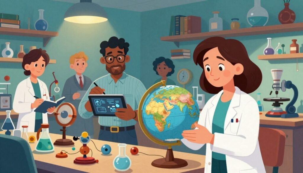 A vibrant and inspiring scene representing "scientific curiosity," featuring a diverse group of scientists and inventors in a well-lit laboratory. In the foreground, a focused female scientist in a lab coat examines a globe, showcasing her passion for exploration. In the middle ground, a male inventor sketches designs on a digital tablet, surrounded by intricate gadgets and models. The background is filled with shelves of books and curious inventions, illuminated by soft, warm lighting to create an inviting atmosphere. This image should evoke feelings of wonder and inspiration, with a color palette of rich blues and greens. The composition captures the essence of discovery, reflecting the legacy of scientific curiosity. Designed by Debsie. A vibrant and inspiring scene representing "scientific curiosity," featuring a diverse group of scientists and inventors in a well-lit laboratory. In the foreground, a focused female scientist in a lab coat examines a globe, showcasing her passion for exploration. In the middle ground, a male inventor sketches designs on a digital tablet, surrounded by intricate gadgets and models. The background is filled with shelves of books and curious inventions, illuminated by soft, warm lighting to create an inviting atmosphere. This image should evoke feelings of wonder and inspiration, with a color palette of rich blues and greens. The composition captures the essence of discovery, reflecting the legacy of scientific curiosity. Designed by Debsie.