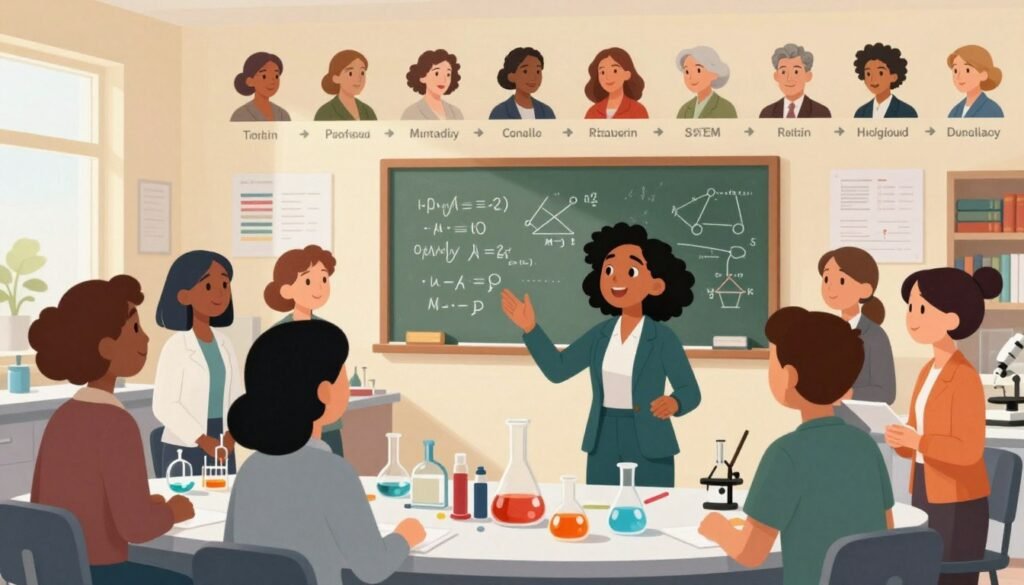 A vibrant and inspiring scene showcasing diverse women in STEM throughout history, positioned in a laboratory setting filled with scientific tools, books, and charts. In the foreground, a prominent figure, a woman of color, is passionately explaining a complex experiment to a curious group, all dressed in professional business attire. The middle ground features a chalkboard with formulas and diagrams, while the background shows a timeline of influential women in STEM, illustrated with historical images and representations, bathed in warm, inviting light. The atmosphere is empowering and educational, evoking a sense of collaboration and determination. Use a wide-angle lens to capture the depth of the space, and ensure the image is colorful and minimalistic, reflecting the brand Debsie. A vibrant and inspiring scene showcasing diverse women in STEM throughout history, positioned in a laboratory setting filled with scientific tools, books, and charts. In the foreground, a prominent figure, a woman of color, is passionately explaining a complex experiment to a curious group, all dressed in professional business attire. The middle ground features a chalkboard with formulas and diagrams, while the background shows a timeline of influential women in STEM, illustrated with historical images and representations, bathed in warm, inviting light. The atmosphere is empowering and educational, evoking a sense of collaboration and determination. Use a wide-angle lens to capture the depth of the space, and ensure the image is colorful and minimalistic, reflecting the brand Debsie.