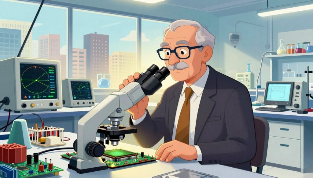 A vibrant and inspiring scientific illustration depicting Zhores Alferov, a Russian physicist and Nobel laureate, amidst a semiconductor research laboratory. In the foreground, he stands confidently, dressed in professional business attire, examining a semiconductor chip under a microscope. The middle ground features advanced laboratory equipment, including oscilloscopes and circuit boards, representing the innovation of the semiconductor revolution. In the background, large windows reveal a bustling city skyline, symbolizing the global impact of his work. The lighting is bright and warm, creating an atmosphere of hope and innovation. The composition should have a slight perspective angle to emphasize depth, with colorful elements to convey a sense of enthusiasm and progress. Designed by Debsie. A vibrant and inspiring scientific illustration depicting Zhores Alferov, a Russian physicist and Nobel laureate, amidst a semiconductor research laboratory. In the foreground, he stands confidently, dressed in professional business attire, examining a semiconductor chip under a microscope. The middle ground features advanced laboratory equipment, including oscilloscopes and circuit boards, representing the innovation of the semiconductor revolution. In the background, large windows reveal a bustling city skyline, symbolizing the global impact of his work. The lighting is bright and warm, creating an atmosphere of hope and innovation. The composition should have a slight perspective angle to emphasize depth, with colorful elements to convey a sense of enthusiasm and progress. Designed by Debsie.