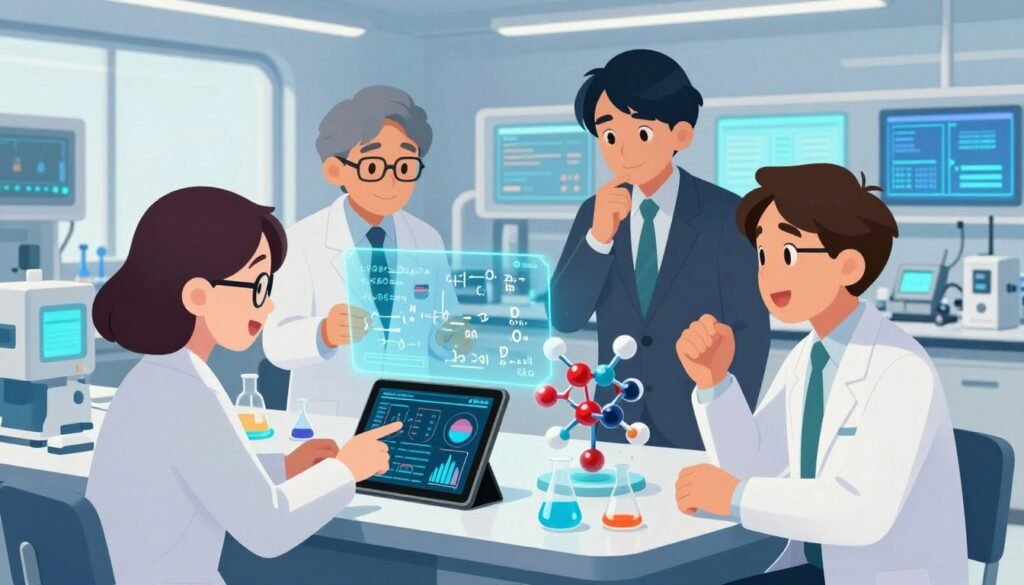 A vibrant and inspiring setting showcasing trailblazers in science, featuring a diverse group of three prominent Japanese scientists in professional business attire, engaged in a collaborative discussion around a futuristic lab table filled with innovative research materials. In the foreground, a female scientist with glasses gestures enthusiastically as she points to a high-tech tablet displaying groundbreaking data. The middle ground reveals a male scientist reviewing complex equations on a holographic display, while another male scientist, with a thoughtful expression, examines a 3D model of a molecular structure. The background is a sleek and modern laboratory filled with colorful scientific equipment and glowing screens, illuminated by bright, natural lighting that conveys a sense of hope and innovation. The atmosphere is dynamic and uplifting, symbolizing the future of Japanese scientific research. Debsie branding subtly integrated into the lab design.