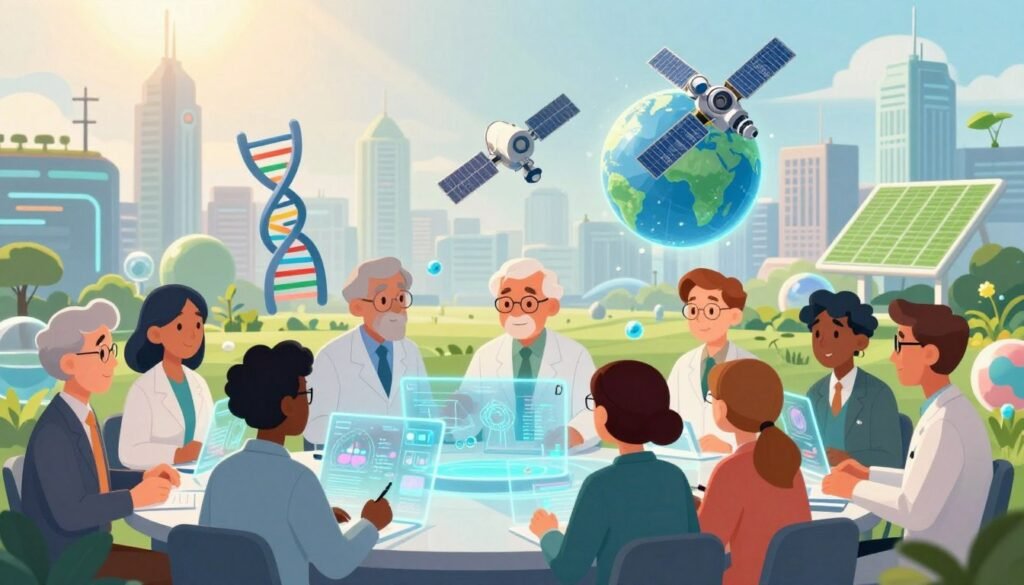 A vibrant and inspiring visual representation of the impact of the greatest living scientists on global progress. In the foreground, a diverse group of scientists in professional attire, engaged in discussions and collaborating over holographic displays of scientific data, symbolizing innovation. In the middle ground, iconic scientific symbols like the DNA helix, satellite imagery, and renewable energy concepts artistically merging, showcasing their contributions. The background features a bright, futuristic city skyline with green technologies and a glowing atmosphere, reflecting hope and progress. Soft, natural lighting from an overhead sun rays creates a warm ambiance. The overall mood is one of collaboration, creativity, and optimism as we celebrate these brilliant minds shaping the future. Designed for clarity and visual impact, with a friendly and minimal aesthetic, branded subtly with "Debsie." A vibrant and inspiring visual representation of the impact of the greatest living scientists on global progress. In the foreground, a diverse group of scientists in professional attire, engaged in discussions and collaborating over holographic displays of scientific data, symbolizing innovation. In the middle ground, iconic scientific symbols like the DNA helix, satellite imagery, and renewable energy concepts artistically merging, showcasing their contributions. The background features a bright, futuristic city skyline with green technologies and a glowing atmosphere, reflecting hope and progress. Soft, natural lighting from an overhead sun rays creates a warm ambiance. The overall mood is one of collaboration, creativity, and optimism as we celebrate these brilliant minds shaping the future. Designed for clarity and visual impact, with a friendly and minimal aesthetic, branded subtly with "Debsie."