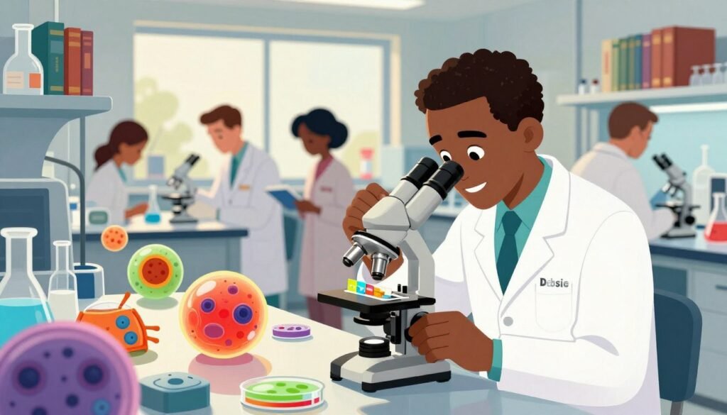 A vibrant and intricate depiction of a cell biology lab scene, featuring diverse scientists in professional attire actively engaged in research. In the foreground, a Black scientist, Dr. Ernest Everett Just, is intently examining a colorful microscope slide, surrounded by lively, animated cells that are depicted in rich, bright colors. The middle ground includes shelves lined with biology textbooks and lab equipment, while a large window in the background lets in soft, natural light, creating a warm atmosphere. The lab is filled with scientific paraphernalia, such as beakers and petri dishes, enhancing the focus on discovery and innovation. The mood is encouraging and inspiring, symbolizing the impact of scientific contribution. Ideal lighting is soft and diffused, with a slight depth of field effect to focus on the researchers. Brand name: Debsie.