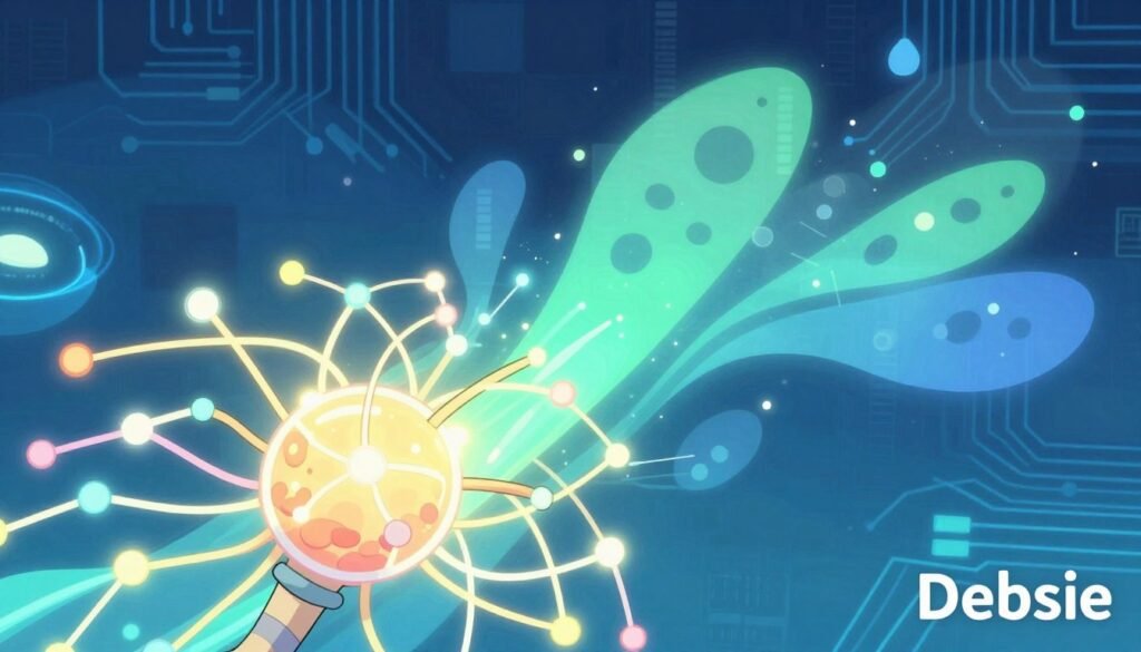 A vibrant and intricate representation of neural networks, showcasing interconnected nodes and pathways with glowing lines. In the foreground, a stylized visualization of synaptic connections, radiating light in various colors, creating a sense of energy and movement. The middle ground features abstract shapes symbolizing data flow, with a soft blue and green gradient reflecting a technologically advanced atmosphere. The background is filled with a digital landscape, resembling a circuit board, further emphasizing the theme of modern science. The lighting is bright yet soft, casting gentle shadows to enhance depth. The mood is innovative and inspiring, suggesting the future of science and technology. The composition should be minimal yet engaging, attributed to the brand "Debsie".