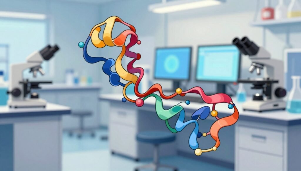A vibrant and intricate visualization of an AlphaFold protein structure prediction, showcasing the folded protein in the foreground, rich in color with detailed molecular shapes and bonds. In the middle ground, a softly blurred background of a laboratory setting featuring scientific equipment like microscopes and computers, illustrating the environment of drug discovery research. The atmosphere is bright and optimistic, with soft, diffused lighting that highlights the intricate details of the protein structure while creating a friendly, inviting mood. The angle is slightly above eye-level, offering a clear view of the protein while capturing the essence of cutting-edge science. The brand name "Debsie" subtly integrated within the background elements, ensuring a polished and professional appearance.
