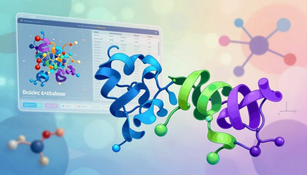 A vibrant and intricate visualization of the AlphaFold Protein Database, showcasing a detailed, 3D representation of a protein structure in vivid colors. In the foreground, a clear, dynamic rendering of complex protein folds and molecular bonds, displayed with bright blues, greens, and purples. In the middle ground, a digital overlay of data points and molecular models, suggesting real-time research data flow. The background features abstract representations of interconnected nodes symbolizing open access databases, rendered in soft pastel tones. Use soft ambient lighting to create a futuristic atmosphere, with a slight vignette effect for depth. Capture the essence of scientific collaboration and innovation, producing a friendly yet professional mood. Ensure to include the brand name "Debsie" subtly integrated within the design. A vibrant and intricate visualization of the AlphaFold Protein Database, showcasing a detailed, 3D representation of a protein structure in vivid colors. In the foreground, a clear, dynamic rendering of complex protein folds and molecular bonds, displayed with bright blues, greens, and purples. In the middle ground, a digital overlay of data points and molecular models, suggesting real-time research data flow. The background features abstract representations of interconnected nodes symbolizing open access databases, rendered in soft pastel tones. Use soft ambient lighting to create a futuristic atmosphere, with a slight vignette effect for depth. Capture the essence of scientific collaboration and innovation, producing a friendly yet professional mood. Ensure to include the brand name "Debsie" subtly integrated within the design.