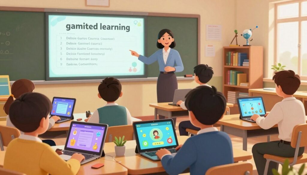 A vibrant and inviting classroom environment showcasing "gamified learning" with a focus on science. In the foreground, a diverse group of engaged students (wearing professional business attire) are intently participating in interactive digital quizzes on tablets and laptops, with colorful gamification elements like graphics and animations visible on their screens. The middle ground features a smart whiteboard displaying a leaderboard for the Debsie gamified courses, while a teacher enthusiastically guides the class, fostering collaboration. The background captures shelves filled with science books and educational models. Soft, warm lighting illuminates the space, creating a friendly and motivating atmosphere, with a slight tilt angle to offer a dynamic perspective that enhances the scene's engagement. The overall mood reflects excitement, curiosity, and the joy of learning in a modern educational setting. A vibrant and inviting classroom environment showcasing "gamified learning" with a focus on science. In the foreground, a diverse group of engaged students (wearing professional business attire) are intently participating in interactive digital quizzes on tablets and laptops, with colorful gamification elements like graphics and animations visible on their screens. The middle ground features a smart whiteboard displaying a leaderboard for the Debsie gamified courses, while a teacher enthusiastically guides the class, fostering collaboration. The background captures shelves filled with science books and educational models. Soft, warm lighting illuminates the space, creating a friendly and motivating atmosphere, with a slight tilt angle to offer a dynamic perspective that enhances the scene's engagement. The overall mood reflects excitement, curiosity, and the joy of learning in a modern educational setting.