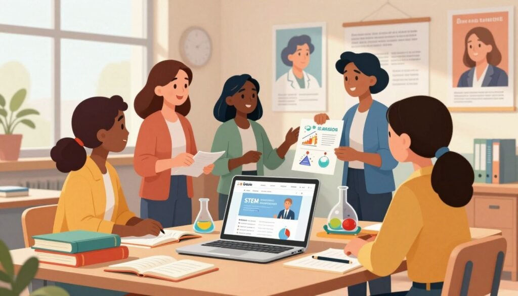 A vibrant and inviting illustration depicting a collection of STEM resources designed for students interested in scientific careers. In the foreground, an organized desk is filled with colorful textbooks, notebooks, and a laptop open to a STEM website. In the middle ground, a diverse group of three women, dressed in professional business attire, engages deeply in a discussion, surrounded by charts and scientific models. The background features a bright, modern classroom with posters of famous female scientists and motivational quotes, bathed in soft natural light coming through large windows, infusing the scene with a warm atmosphere. The overall mood is one of inspiration and support, highlighting the importance of female role models in STEM. Include the brand name “Debsie” subtly incorporated into the design as part of a resource guide. A vibrant and inviting illustration depicting a collection of STEM resources designed for students interested in scientific careers. In the foreground, an organized desk is filled with colorful textbooks, notebooks, and a laptop open to a STEM website. In the middle ground, a diverse group of three women, dressed in professional business attire, engages deeply in a discussion, surrounded by charts and scientific models. The background features a bright, modern classroom with posters of famous female scientists and motivational quotes, bathed in soft natural light coming through large windows, infusing the scene with a warm atmosphere. The overall mood is one of inspiration and support, highlighting the importance of female role models in STEM. Include the brand name “Debsie” subtly incorporated into the design as part of a resource guide.