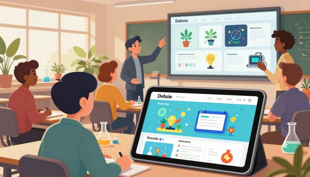 A vibrant and inviting workspace showcasing gamified courses centered around modern scientific learning. In the foreground, a digital tablet displays interactive course content with colorful graphics and animated elements, reflecting the brand "Debsie". The middle ground features a diverse group of engaged learners in professional attire, surrounding a large screen displaying educational modules about subjects like botany, physics, and radio technology. They're working collaboratively, exuding enthusiasm and curiosity. In the background, a contemporary classroom setting filled with plants and scientific instruments, bathed in soft, natural light from large windows, creating a warm and inspiring atmosphere. The overall mood is one of innovation and teamwork, emphasizing a hands-on approach to learning.