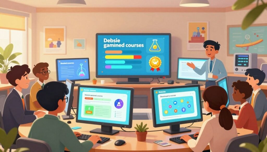 A vibrant and modern learning environment, showcasing diverse students engaged with interactive screens displaying the "Debsie gamified courses" interface. In the foreground, a group of students, dressed in professional attire, are collaboratively solving problems, their expressions focused and enthusiastic. The middle section features colorful digital elements depicting game-like progress bars, badges, and scientific icons that symbolize STEM concepts. The background features a bright classroom filled with motivational posters, plants, and high-tech equipment, creating an inviting atmosphere. The lighting is warm and inspiring, suggesting a sense of discovery and innovation. The angle captures the dynamic interaction among students and their digital tools, evoking a friendly and supportive mood.