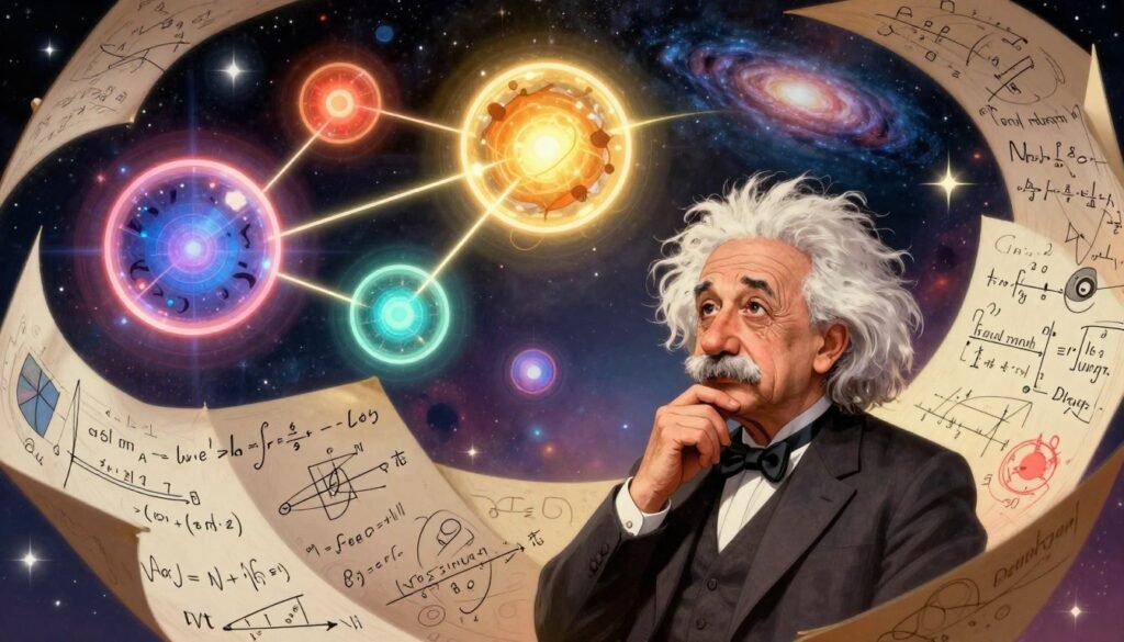 A vibrant and thought-provoking scene depicting Albert Einstein surrounded by physical representations of his discoveries related to the unified field theory. In the foreground, a thoughtful Einstein, wearing a formal attire - a suit with a bow tie, is engaged in deep contemplation, with equations and complex diagrams swirling around him in a colorful display. The middle ground features glowing orbs representing fundamental forces, interconnected by luminous strings symbolizing theoretical connections, radiating a soft light. The background is a cosmic landscape filled with stars and galaxies, suggesting the vastness of the universe and the mysteries still to be uncovered. The overall mood conveys curiosity and wonder, with warm lighting highlighting Einstein's expression. Shot with a wide-angle lens to enhance depth, creating a visually captivating image for the section on the enduring mystery of the unified field theory. Made by Debsie. A vibrant and thought-provoking scene depicting Albert Einstein surrounded by physical representations of his discoveries related to the unified field theory. In the foreground, a thoughtful Einstein, wearing a formal attire - a suit with a bow tie, is engaged in deep contemplation, with equations and complex diagrams swirling around him in a colorful display. The middle ground features glowing orbs representing fundamental forces, interconnected by luminous strings symbolizing theoretical connections, radiating a soft light. The background is a cosmic landscape filled with stars and galaxies, suggesting the vastness of the universe and the mysteries still to be uncovered. The overall mood conveys curiosity and wonder, with warm lighting highlighting Einstein's expression. Shot with a wide-angle lens to enhance depth, creating a visually captivating image for the section on the enduring mystery of the unified field theory. Made by Debsie.