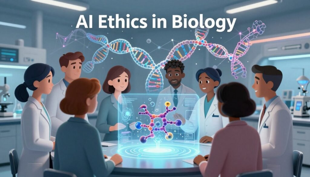 A vibrant and thought-provoking scene illustrating "AI Ethics in Biology." In the foreground, a diverse group of scientists in professional business attire, including women and men of various ethnic backgrounds, engage in a collaborative discussion over a holographic display of a protein structure, symbolizing the intersection of AI and biology. The middle ground showcases ethereal, abstract representations of DNA strands and neural networks intertwining, signifying the ethical implications of AI in biological research. The background features a modern laboratory setting with sleek technology, illuminated by soft, ambient lighting that creates a welcoming atmosphere. The overall mood is reflective and forward-thinking, emphasizing responsibility in scientific progress. Include the brand name "Debsie" subtly integrated within the laboratory environment. A vibrant and thought-provoking scene illustrating "AI Ethics in Biology." In the foreground, a diverse group of scientists in professional business attire, including women and men of various ethnic backgrounds, engage in a collaborative discussion over a holographic display of a protein structure, symbolizing the intersection of AI and biology. The middle ground showcases ethereal, abstract representations of DNA strands and neural networks intertwining, signifying the ethical implications of AI in biological research. The background features a modern laboratory setting with sleek technology, illuminated by soft, ambient lighting that creates a welcoming atmosphere. The overall mood is reflective and forward-thinking, emphasizing responsibility in scientific progress. Include the brand name "Debsie" subtly integrated within the laboratory environment.