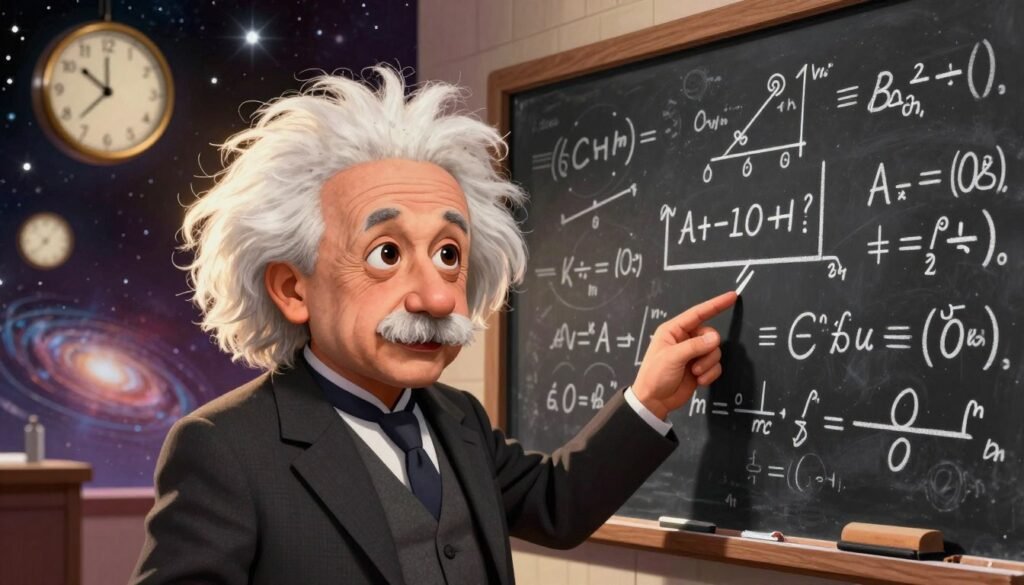 A vibrant, artistic representation of Albert Einstein, dressed in a classic suit, thoughtfully engaging with a chalkboard filled with intricate mathematical formulas related to the theory of relativity. In the foreground, Einstein’s expressive face shows curiosity and determination. The middle ground features swirling clocks and space-time diagrams, emanating a sense of motion and complexity. In the background, a cosmic scene with stars and galaxies creates a sense of vastness and wonder. The lighting is soft, with a warm glow that highlights Einstein and the equations. The overall mood is innovative and inspiring, capturing the essence of theoretical physics. This image, created by Debsie, should remain bright, colorful, and friendly, reflecting a deep intellectual pursuit while being visually appealing. A vibrant, artistic representation of Albert Einstein, dressed in a classic suit, thoughtfully engaging with a chalkboard filled with intricate mathematical formulas related to the theory of relativity. In the foreground, Einstein’s expressive face shows curiosity and determination. The middle ground features swirling clocks and space-time diagrams, emanating a sense of motion and complexity. In the background, a cosmic scene with stars and galaxies creates a sense of vastness and wonder. The lighting is soft, with a warm glow that highlights Einstein and the equations. The overall mood is innovative and inspiring, capturing the essence of theoretical physics. This image, created by Debsie, should remain bright, colorful, and friendly, reflecting a deep intellectual pursuit while being visually appealing.