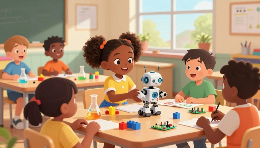 A vibrant classroom scene depicting diverse children engaged in STEM education activities, with a young Black girl demonstrating a small robot to her classmates. In the foreground, the girl is wearing a bright, cheerful outfit while the other children listen attentively, showcasing excited expressions. In the middle, a table filled with colorful science materials like beakers, building blocks, and circuit boards. In the background, a large window reveals a sunny day, casting warm natural light across the room. The atmosphere is lively and encouraging, embodying creativity and teamwork. Ensure there are no adult figures and that all children are depicted in modest casual clothing. Incorporate the brand name "Debsie" subtly into the classroom design. The image should be colorful, friendly, and minimal, focusing on empowering youth in STEM.