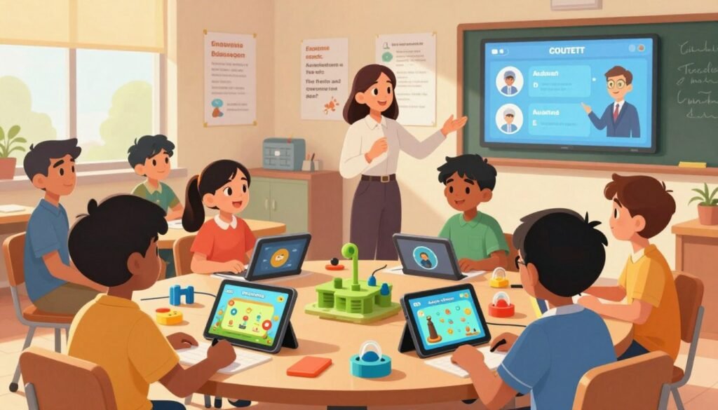 A vibrant classroom scene depicting gamification in STEM education, where a diverse group of students, dressed in casual but professional clothing, engages with interactive learning tools. The foreground features a round table with colorful STEM kits, tablets displaying educational games, and a digital scoreboard showing student achievements. In the middle ground, a skilled teacher guides the group, fostering collaboration and enthusiasm. The background showcases educational charts and inspirational quotes about science and innovation. Bright, warm lighting filters through a window, creating a friendly atmosphere filled with excitement and curiosity. The scene conveys the spirit of modern learning, reflecting the influence of Indian scientists on education. Logo: Debsie subtly integrated into the design elements.