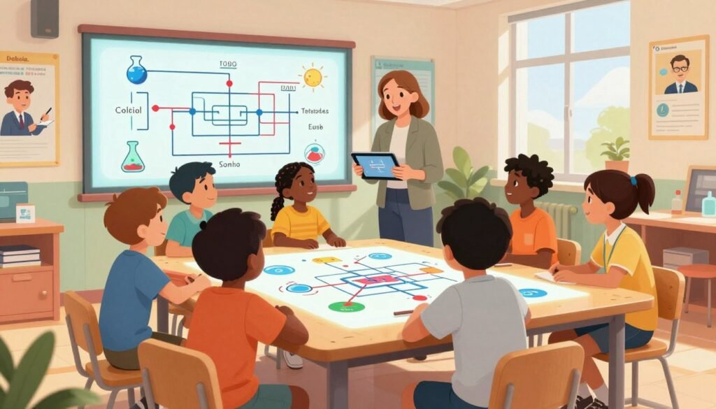 A vibrant classroom scene depicting gamification in science education, centered around a diverse group of students engaged in interactive learning about electricity, inspired by Michael Faraday. In the foreground, children of various ethnicities are wearing colorful, casual attire, collaborating over a large, illuminated board displaying electric circuits and playful illustrations of scientific concepts. The middle ground features a teacher enthusiastically guiding the students with a digital tablet, emphasizing a hands-on approach. The background showcases bright educational posters featuring famous scientists, with natural light streaming in from large windows, creating an inviting atmosphere. The overall mood is energetic and encouraging, representing a modern approach to science learning branded by "Debsie."