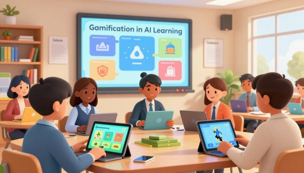 A vibrant classroom scene illustrating "Gamification in AI Learning." In the foreground, a diverse group of engaged students, dressed in professional business attire, are interacting with gamified learning tools, such as colorful tablets displaying educational games and AI-driven applications. The middle ground features a large interactive screen, showcasing dynamic AI-infused learning modules, with bright visuals and playful icons. The background includes soft-focus shelves filled with books on AI and education, alongside inspirational educational posters. Bright, natural lighting filters in from large windows, creating a warm and inviting atmosphere. The overall mood is energetic and collaborative, representing the fusion of modern education and gamification, highlighted by the brand name "Debsie" subtly integrated into the design elements.